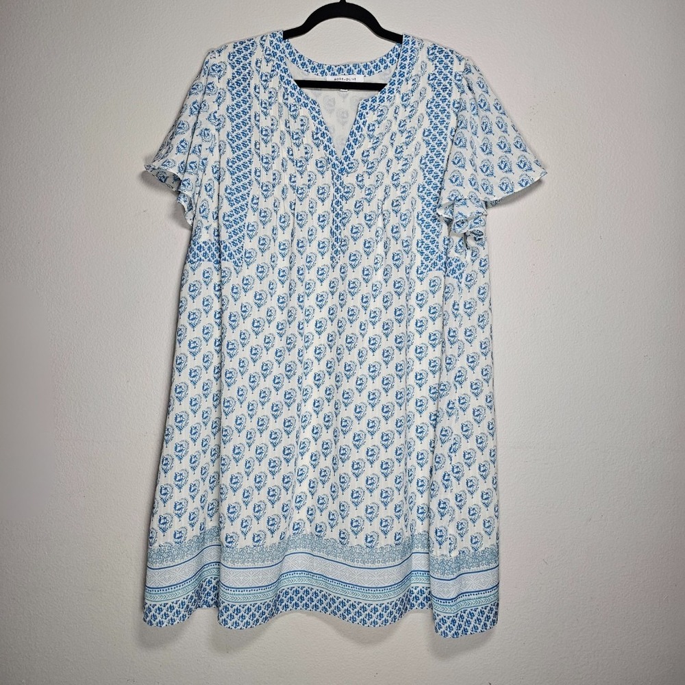 Rose + Olive Womens 2X Plus‎ Size Flutter Sleeve V-Neck Blue White Sheath Dress